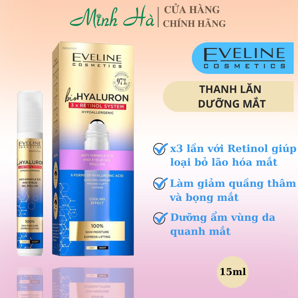 Thanh lăn mắt Eveline Bio Hyaluron 3x Retinol System 15ml giảm quầng thâm, bọng mắt