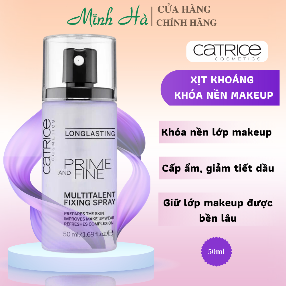 Xịt khóa nền Catrice Long Lasting Prime & Fine Multitalent Fixing Spray 50ml giúp lớp trang điểm hoàn hảo và lâu trôi