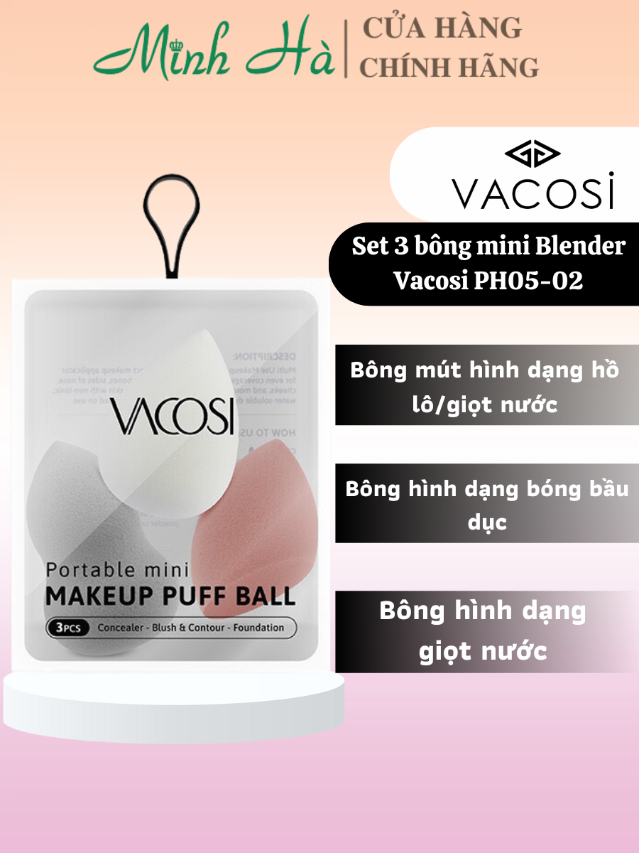 Set 3 bông mini Blender Vacosi PH05 khác nhau nở đều tạo được bước trang điểm nền tự nhiên với lớp phấn lâu trôi hơn