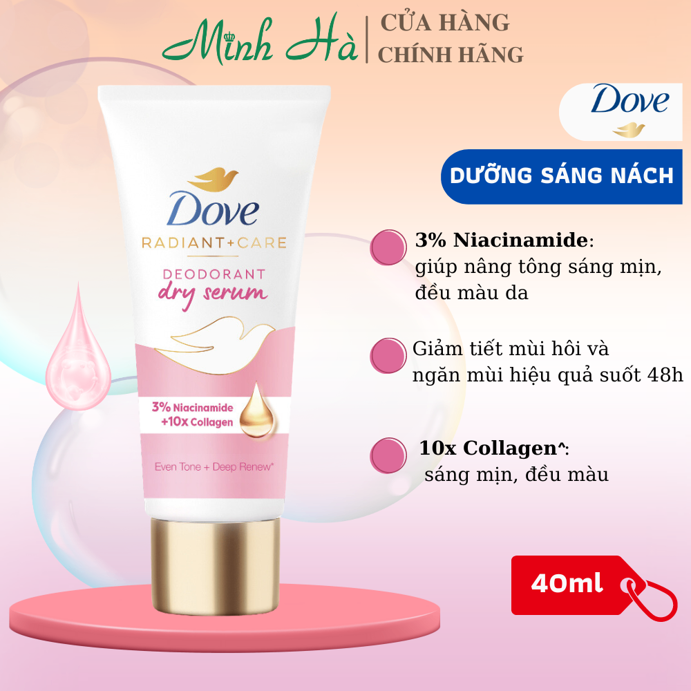 Serum dưỡng sáng khử mùi vùng nách Dove Radiant + Care Deodorant Dry 40ml giúp da sáng mịn đều màu