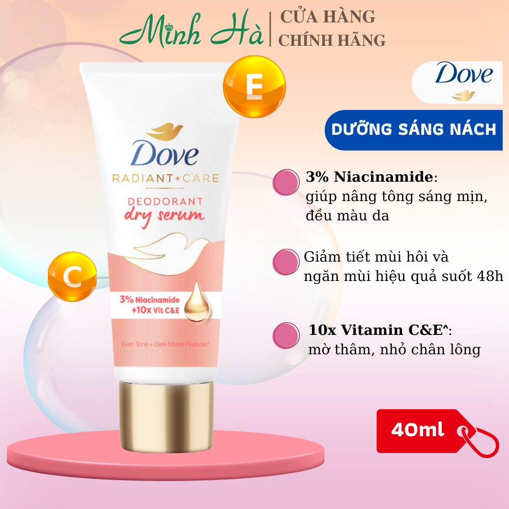 Serum dưỡng sáng khử mùi vùng nách Dove Radiant + Care Deodorant Dry 40ml giúp da sáng mịn đều màu