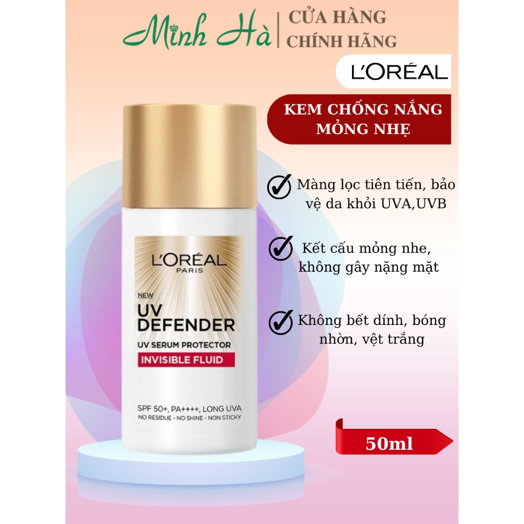 Kem chống nắng Loreal 20x UV Defender Serum Invisible Resist SPF50+ PA++++ 50ml (vạch đỏ) bảo vệ da làm đều màu da