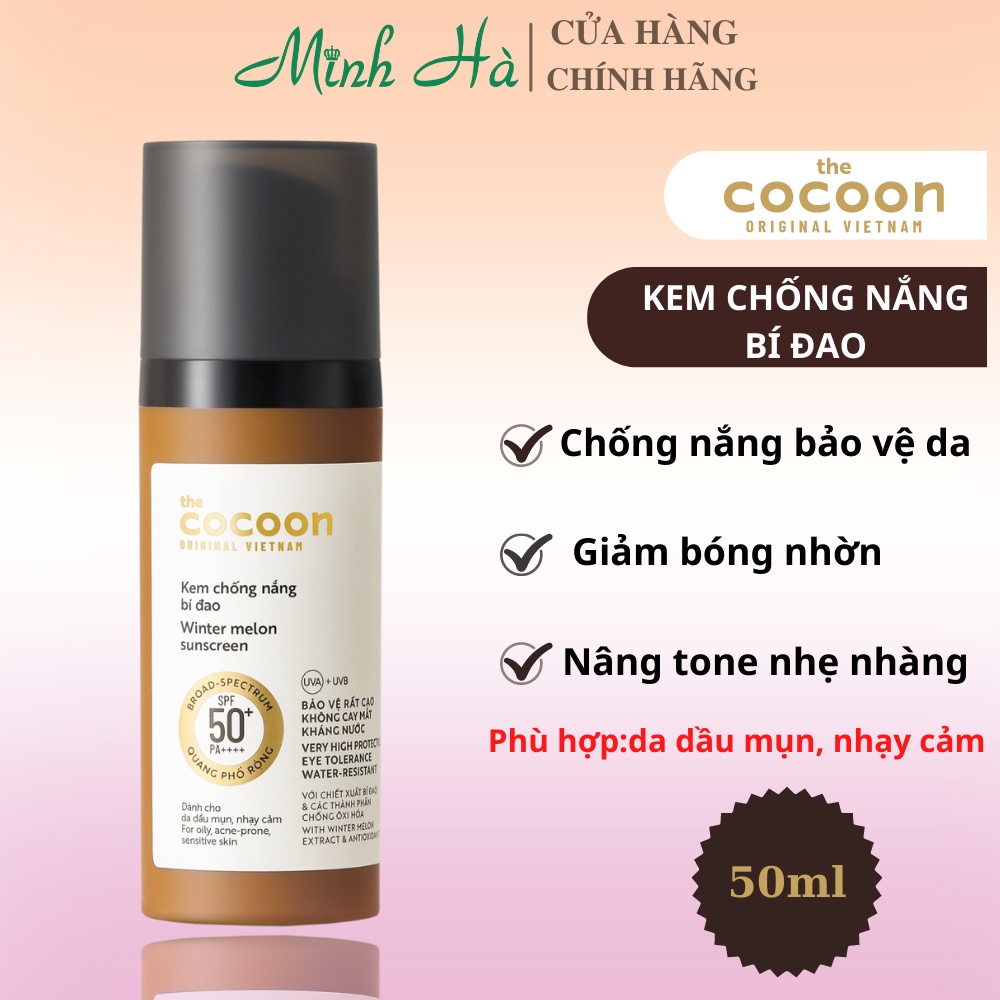 Kem chống nắng bí đao Cocoon quang phổ rộng SPF 50+ PA ++++ 50ml giúp bảo vệ da, giảm bóng nhờn