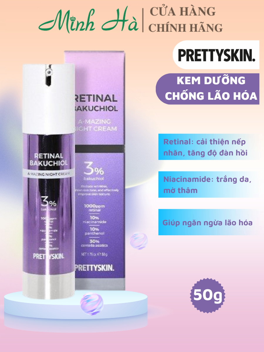 Kem dưỡng chống lão hóa Prettyskin Retinal Bakuchiol A-mazing Night Cream 50g giúp tái tạo, phục hồi da