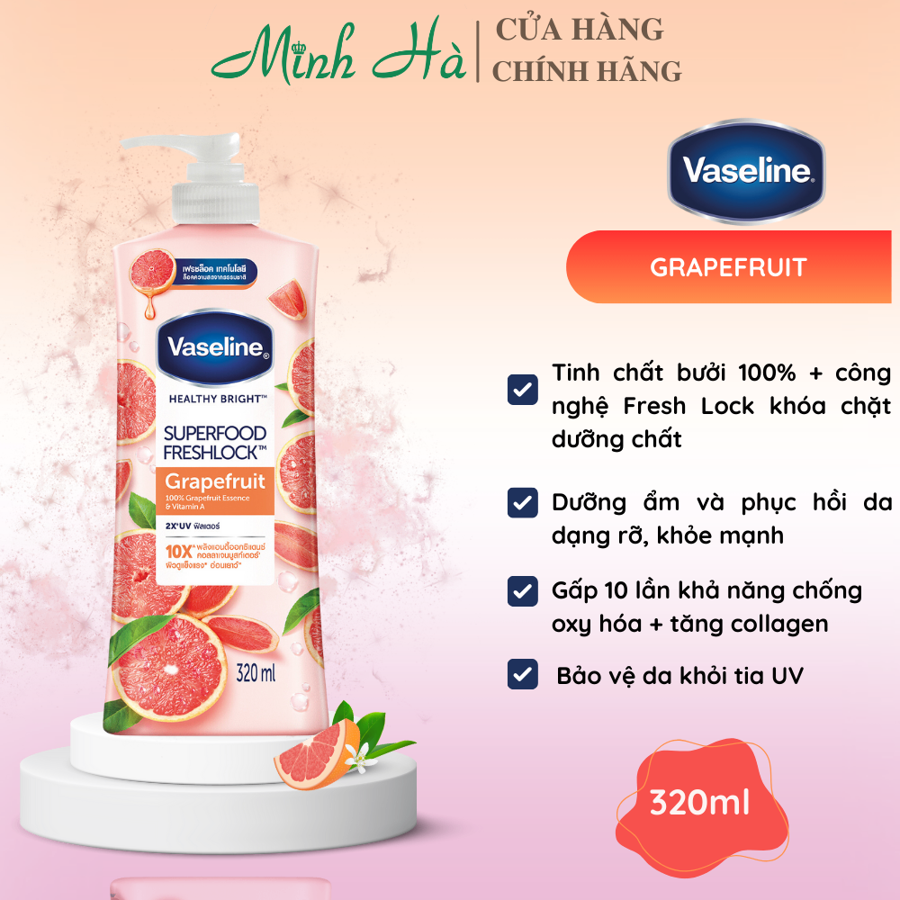 Sữa dưỡng thể trắng da Vaseline Healthy Bright Super Food Fresh Lock 320ml nuôi dưỡng làn da khỏe mạnh và trẻ trung