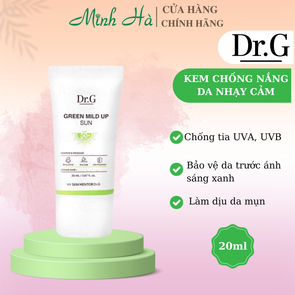 Kem chống nắng vật lý Dr.G Green Mild Up Sun+ SPF50+ PA++++ 50ml an toàn cho da nhạy cảm hạn chế tình trạng lão hóa