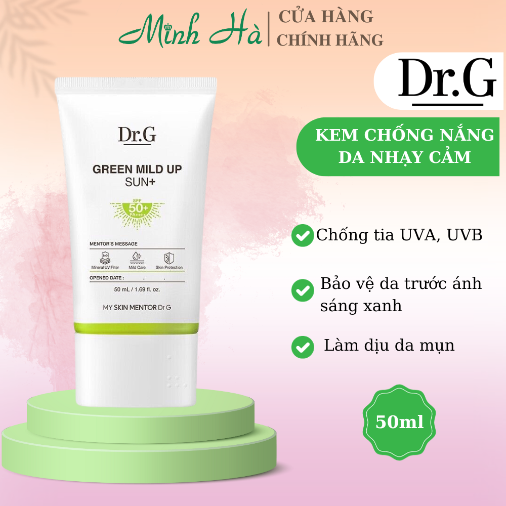 Kem chống nắng vật lý Dr.G Green Mild Up Sun+ SPF50+ PA++++ 50ml an toàn cho da nhạy cảm hạn chế tình trạng lão hóa