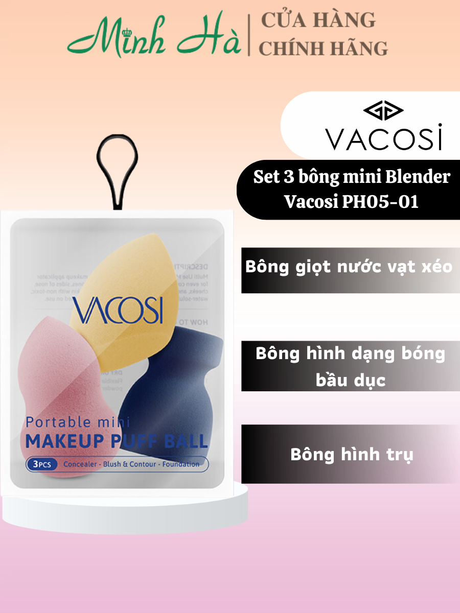 Set 3 bông mini Blender Vacosi PH05 khác nhau nở đều tạo được bước trang điểm nền tự nhiên với lớp phấn lâu trôi hơn