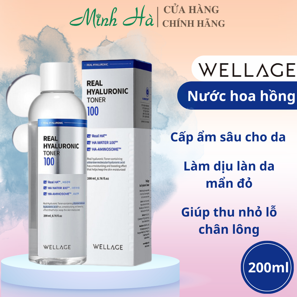 Nước hoa hồng Wellage Real Hyaluronic 200ml cấp ẩm làm dịu da thấm nhanh