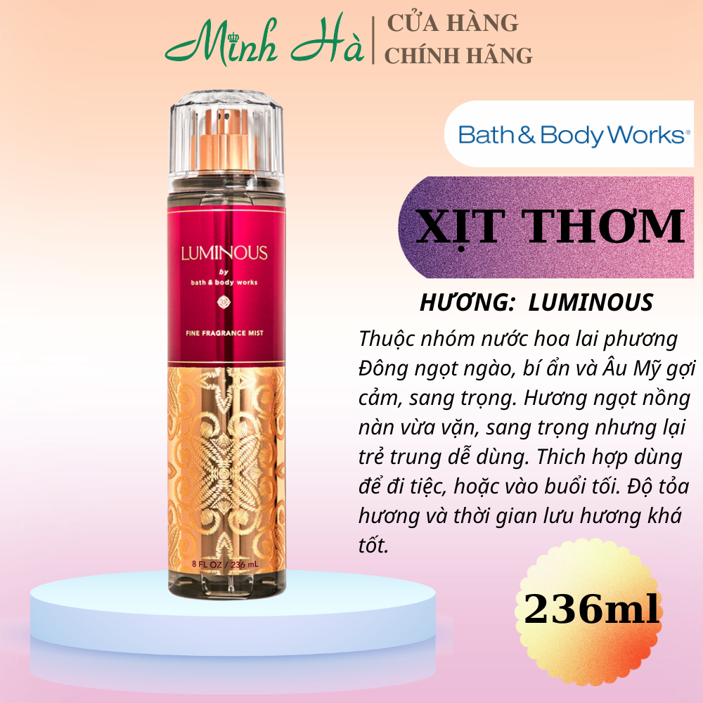 Xịt thơm Bath & Body Works 236ml với mùi hương ngọt ngào, mát dịu, nhẹ nhàng phù hợp cho mọi lứa tuổi