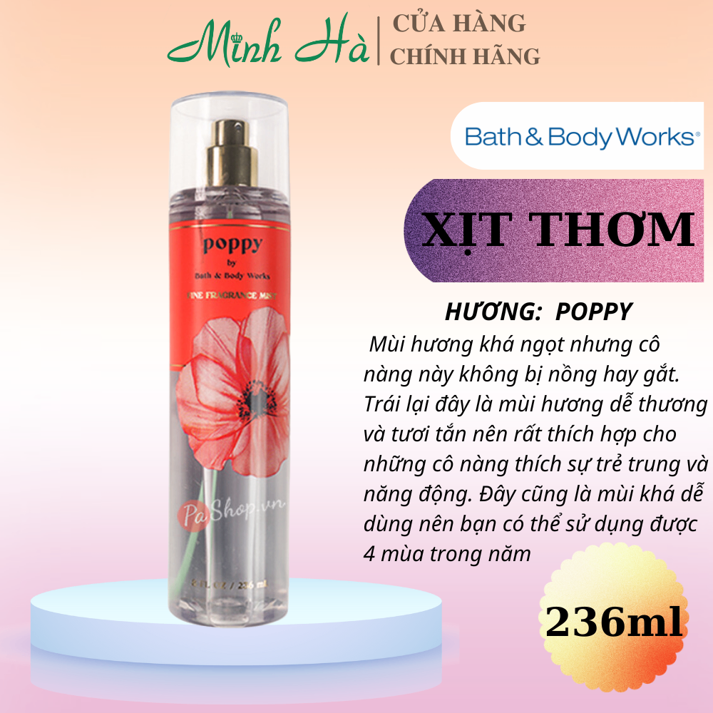 Xịt thơm Bath & Body Works 236ml với mùi hương ngọt ngào, mát dịu, nhẹ nhàng phù hợp cho mọi lứa tuổi