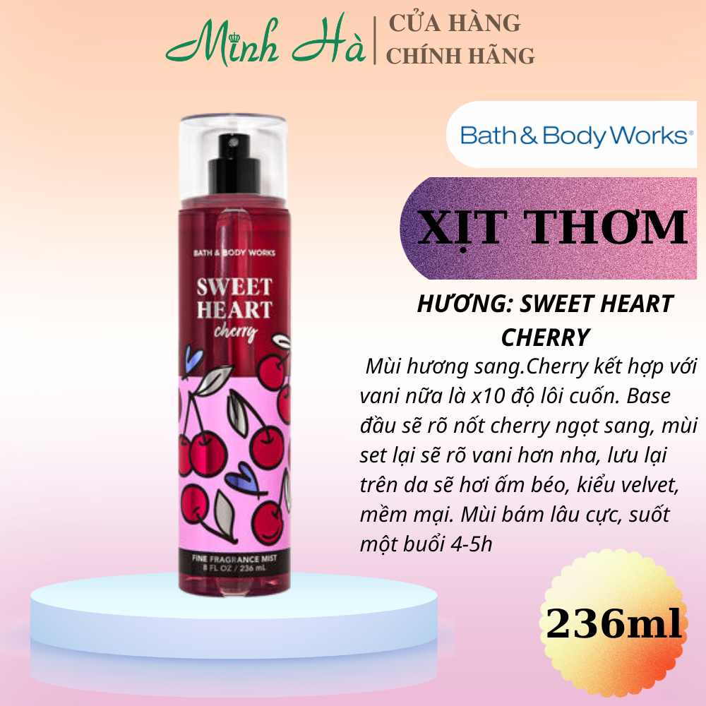 Xịt thơm Bath & Body Works 236ml với mùi hương ngọt ngào, mát dịu, nhẹ nhàng phù hợp cho mọi lứa tuổi