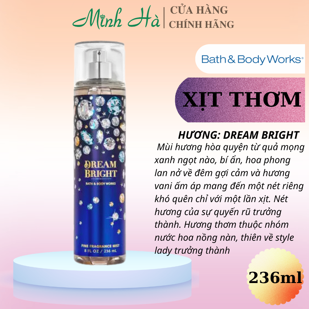 Xịt thơm Bath & Body Works 236ml với mùi hương ngọt ngào, mát dịu, nhẹ nhàng phù hợp cho mọi lứa tuổi