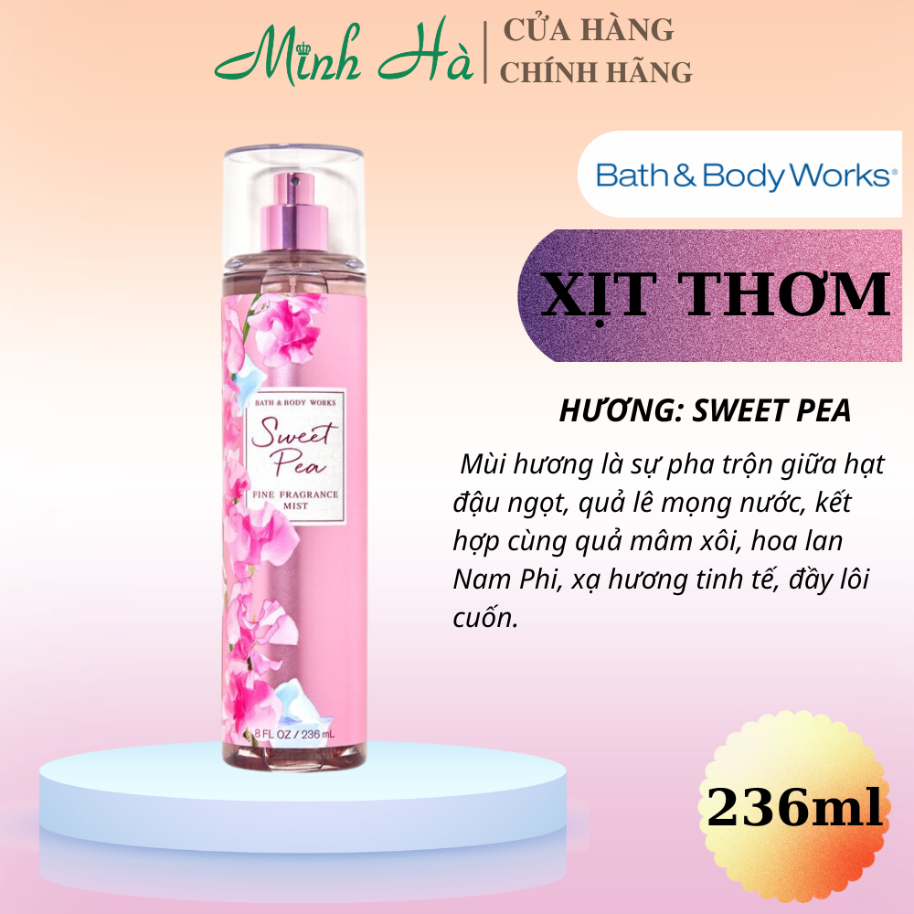 Xịt thơm Bath & Body Works 236ml với mùi hương ngọt ngào, mát dịu, nhẹ nhàng phù hợp cho mọi lứa tuổi