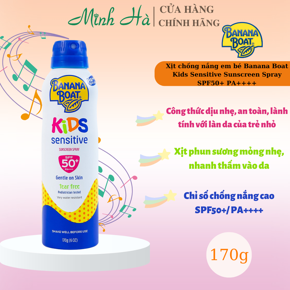 Xịt chống nắng em bé Banana Boat Kids Sensitive Sunscreen Spray SPF50+ PA++++ 170g sương mỏng mịn an toàn sử dụng