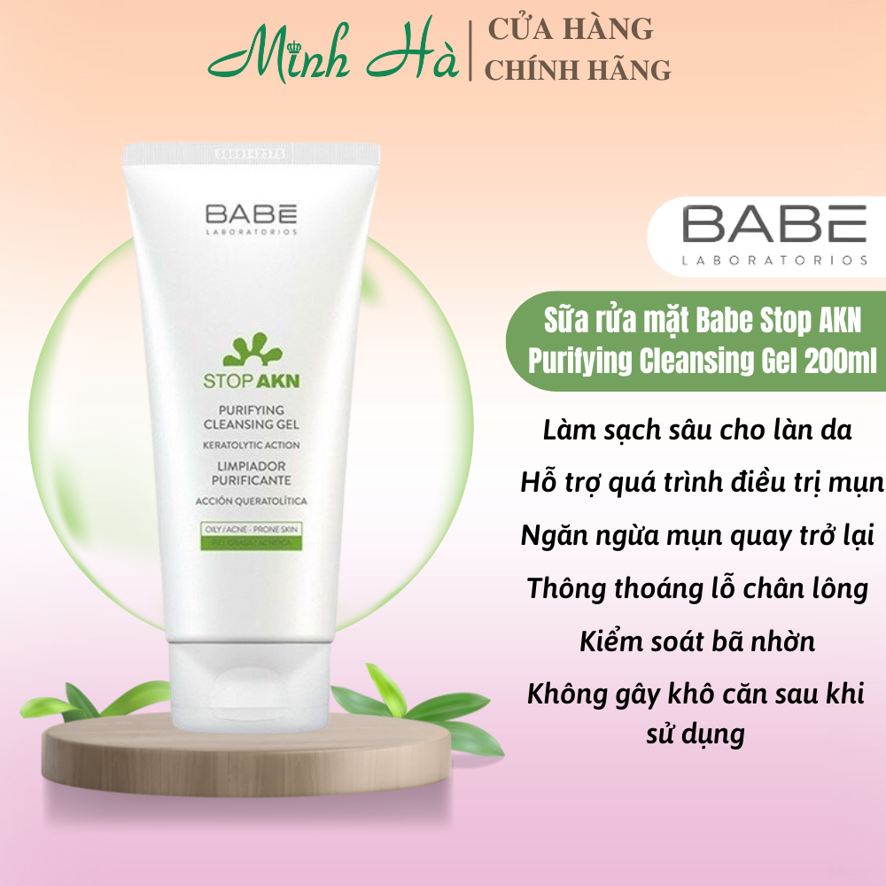 Sữa rửa mặt BABE Stop AKN Purifying Cleansing Gel 200ml dịu nhẹ cho da dầu mụn