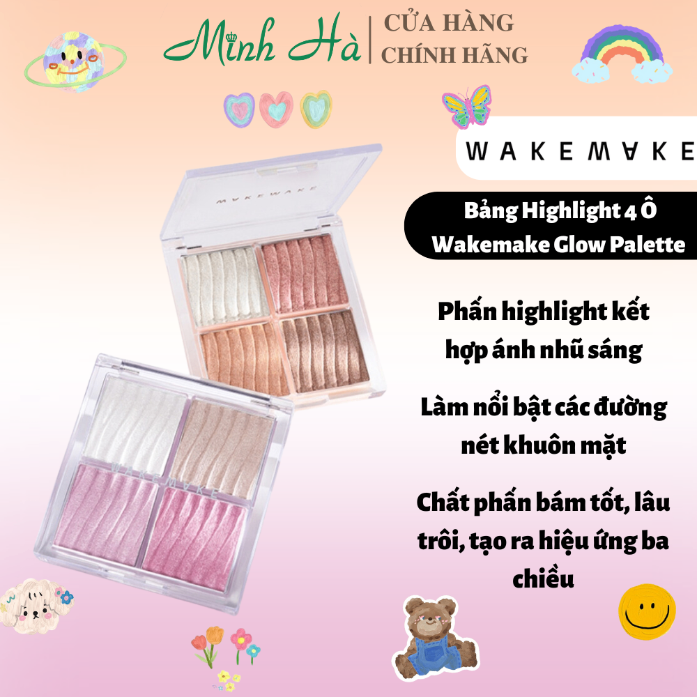 Bảng phấn Highlight 4 ô Wakemake Glow Palette 7.8g chất phấn mịn lì lâu trôi