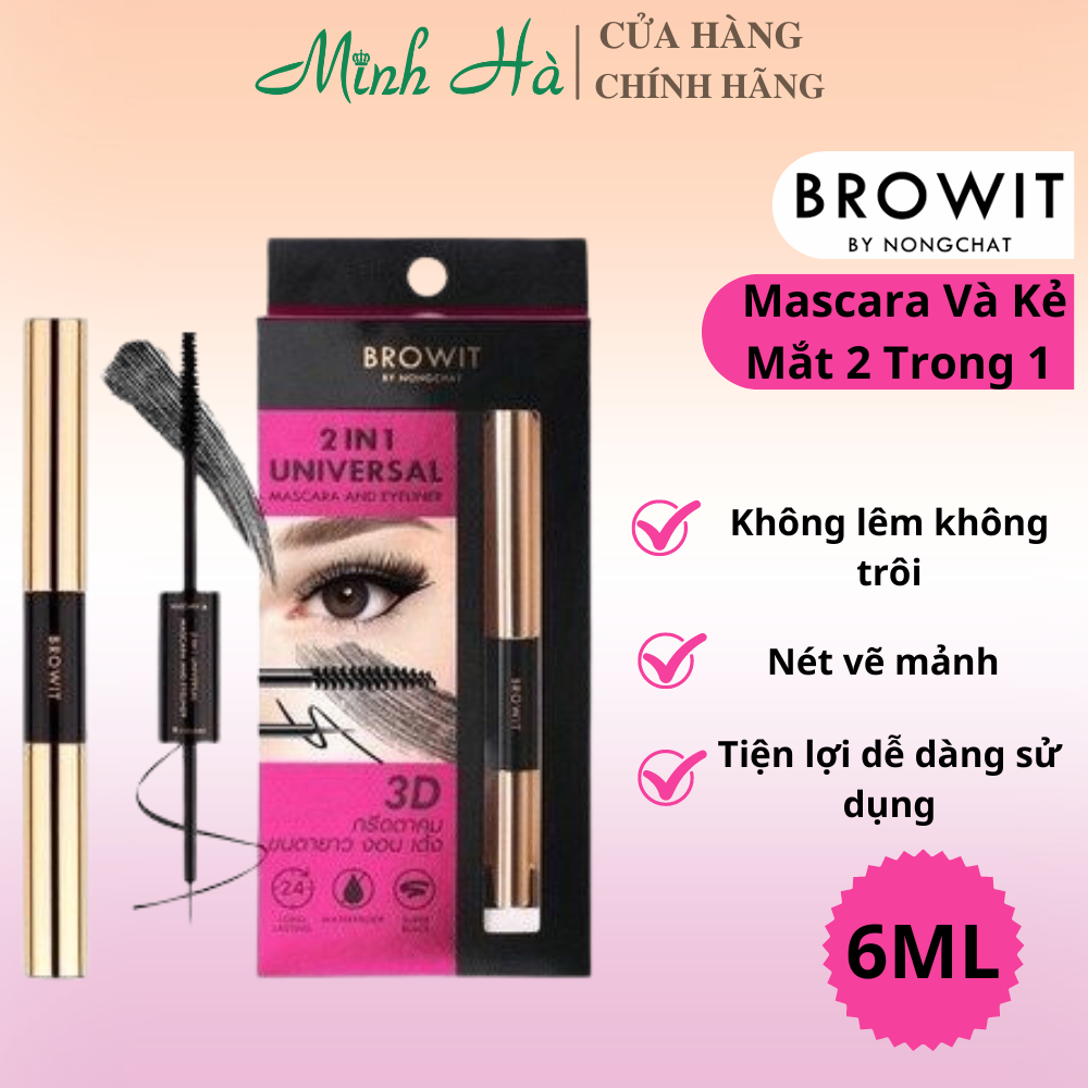 Mascara và bút kẻ mắt Browit Nongchat 2 in 1 Universal (Màu hồng) 6ml lâu trôi, không thấm nước
