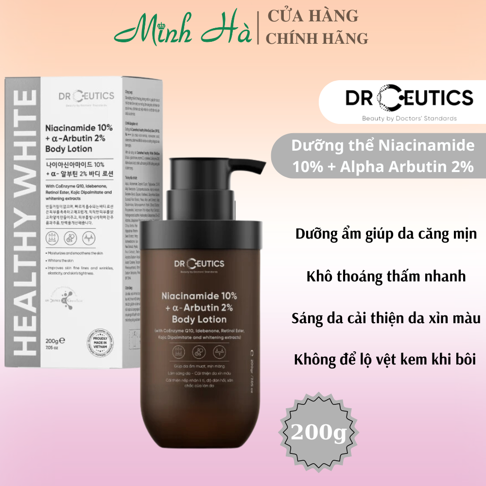 Sữa dưỡng thể trắng da Drceutics Niacinamide 10% + Alpha Arbutin 2% Body Lotion 200g sáng da, cải thiện da xỉn màu