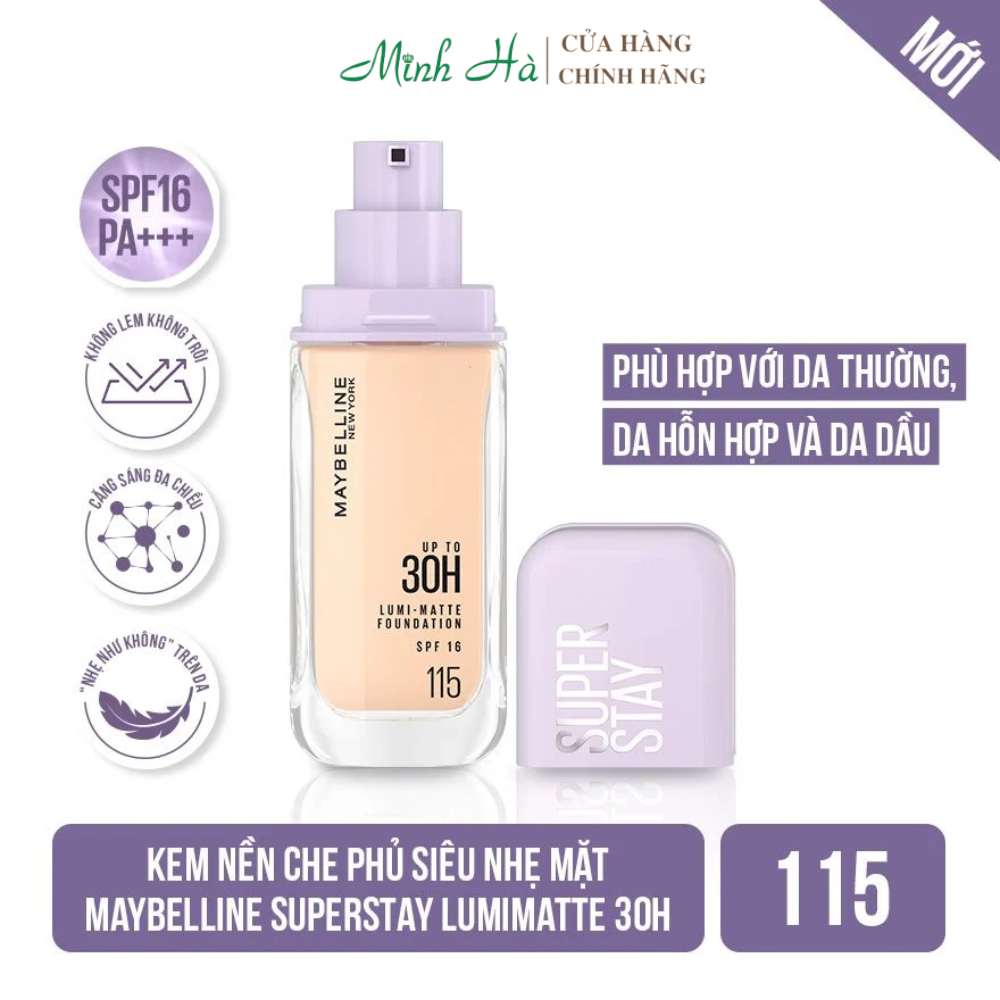 Kem nền bắt sáng Maybelline 30H Lumi-matte Foundation SPF16 35ml che phủ tốt và kiềm dầu
