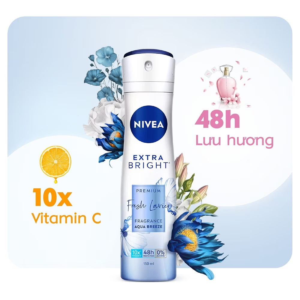 Xịt khử mùi Nivea Extra Bright Premium Fragrance 150ml giúp làm sáng và mịn vùng da nách