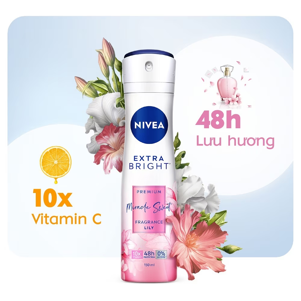 Xịt khử mùi Nivea Extra Bright Premium Fragrance 150ml giúp làm sáng và mịn vùng da nách