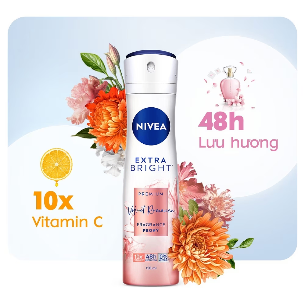 Xịt khử mùi Nivea Extra Bright Premium Fragrance 150ml giúp làm sáng và mịn vùng da nách