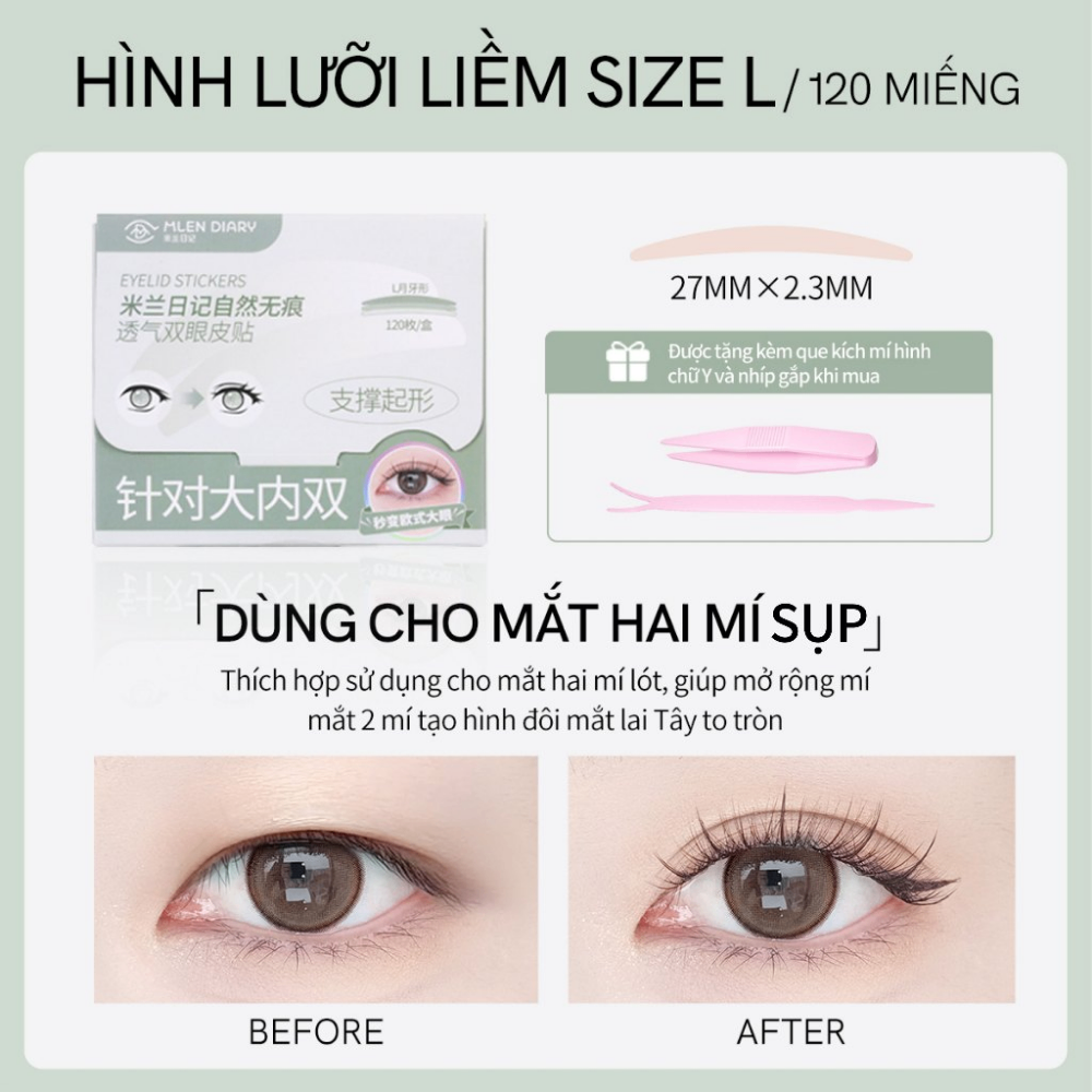 Miếng dán kích mí tàng hình Mlen Diary phù hợp cho mọi loại mắt