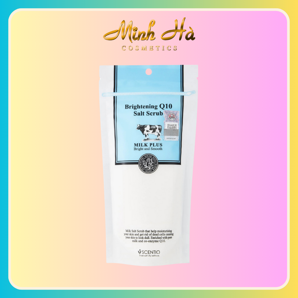 Muối tẩy da chết Scentio Milk Plus Brightening Q10 Salt Scrub 300g với hạt muối siêu mịn giúp nhẹ nhàng tẩy sạch