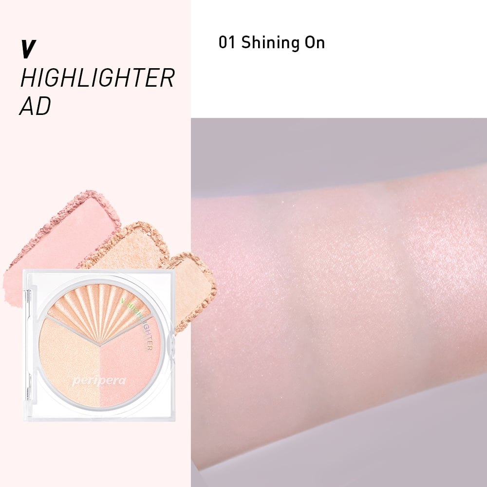 Phấn bắt sáng Peripera V Highlighter 8.3g gồm 3 tone màu ánh nhũ tạo hiệu ứng 3 chiều