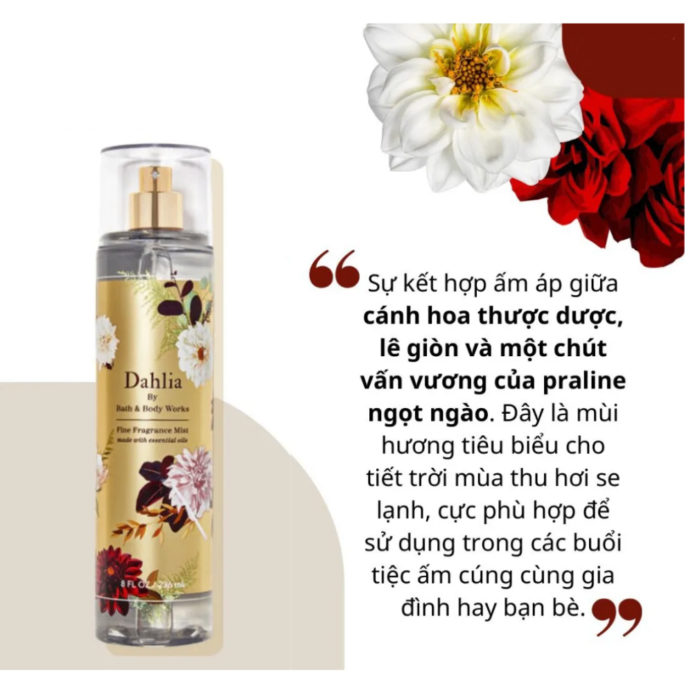 Xịt thơm Bath & Body Works 236ml với mùi hương ngọt ngào, mát dịu, nhẹ nhàng phù hợp cho mọi lứa tuổi
