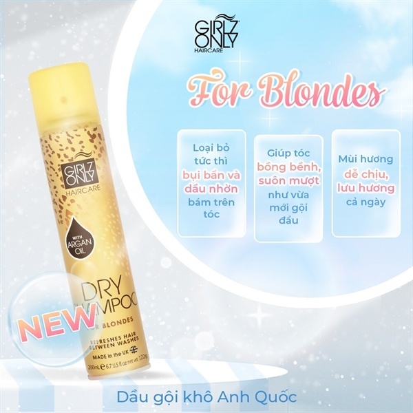 Dầu gội khô Girlz Only 200ml UK dạng xịt mùi hương dễ chịu làm phồng tóc nhanh tức thì