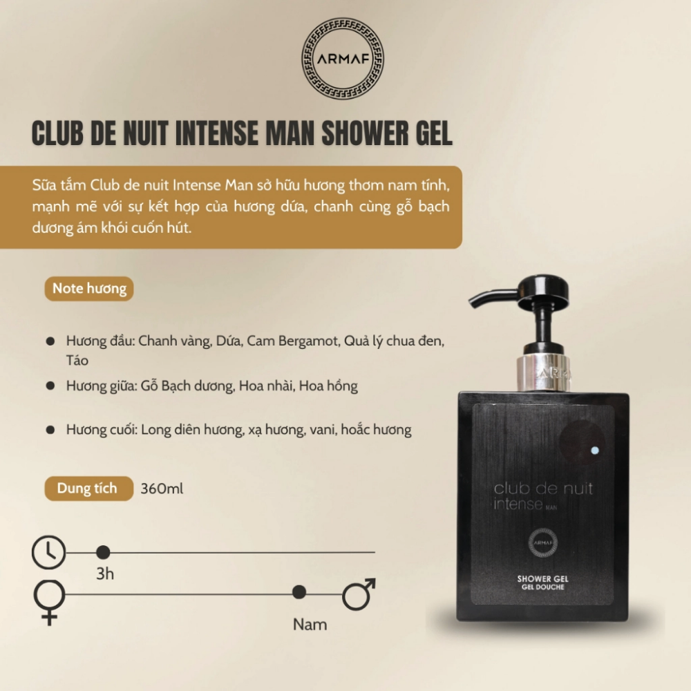 Sữa tắm hương nước hoa nam và nữ Armaf Club De Nuit Intense Man/Woman Shower Gel 360ml dưỡng ẩm da, giúp da mềm mại