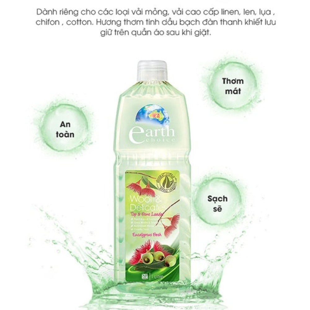 Nước giặt và xả Earth Choice mọi loại vải Wool & Delicates, đồ lót laundry Liquid Top & Front Loader Pure Clean 1L