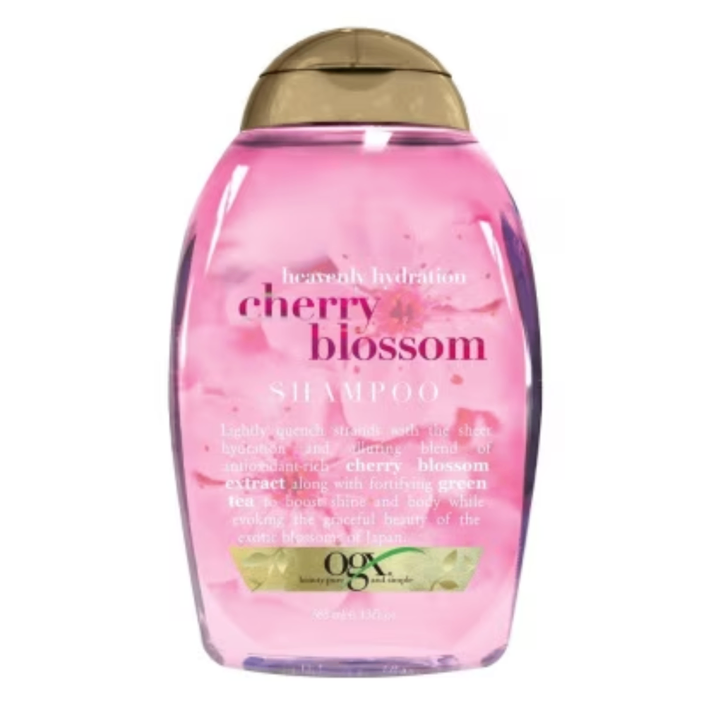 Dầu gội xả OGX Heavenly Hydration + Cherry Blossom Shampoo 385ml màu hồng hương thơm hoa anh đào