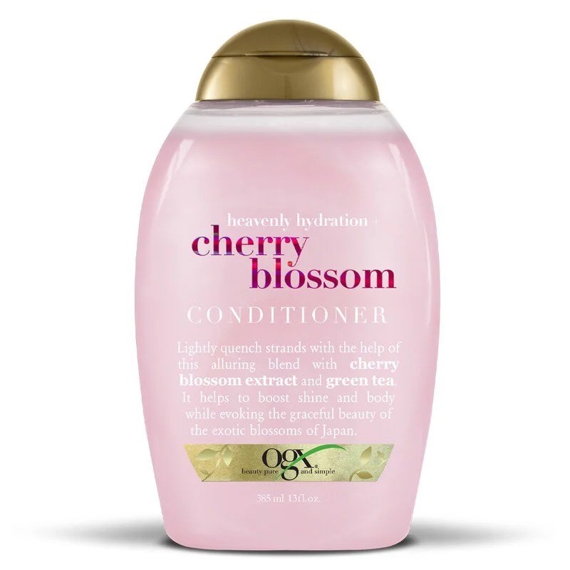 Dầu gội xả OGX Heavenly Hydration + Cherry Blossom Shampoo 385ml màu hồng hương thơm hoa anh đào