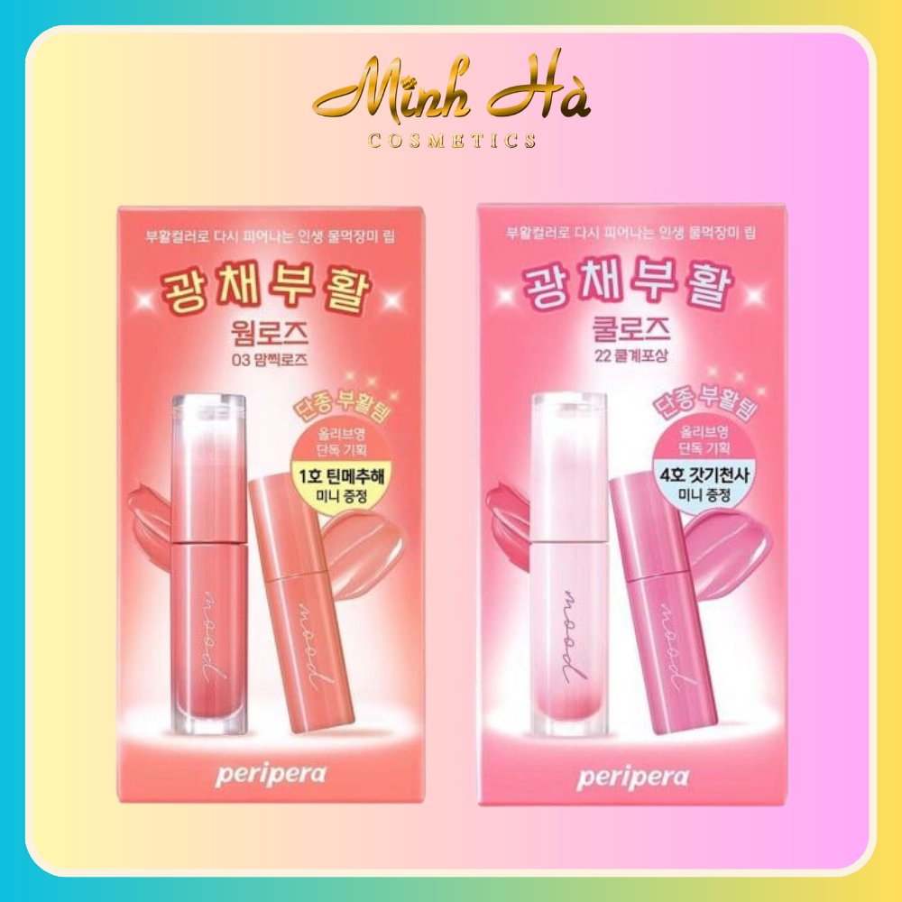 Set 2 son Peripera ink mood glowy tint + son mini lâu trôi căng bóng