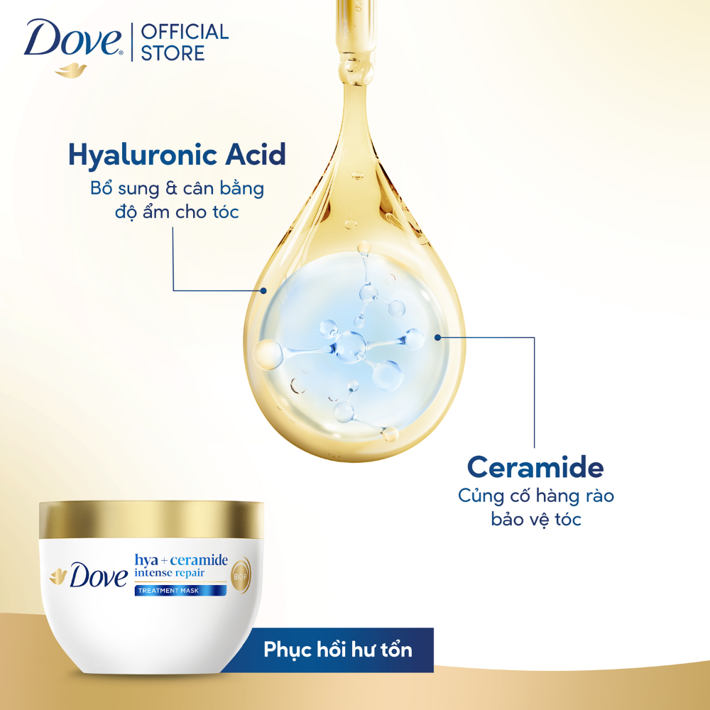 Kem ủ tóc Dove Hyaluronic Acid & Biotin và Hyaluronic Acid & Ceramide 300ml ngăn gãy rụng tóc, phục hồi hư tổn