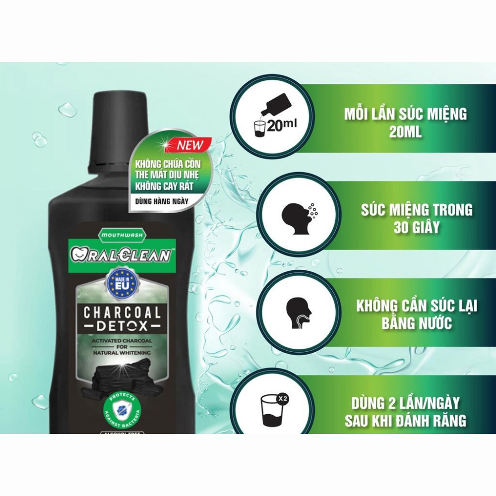 Nước súc miệng Oral Clean Fresh To Go + Clean Characoal Detox 500ml đánh bay các mảng bám trên răng hơi thở thơm mát