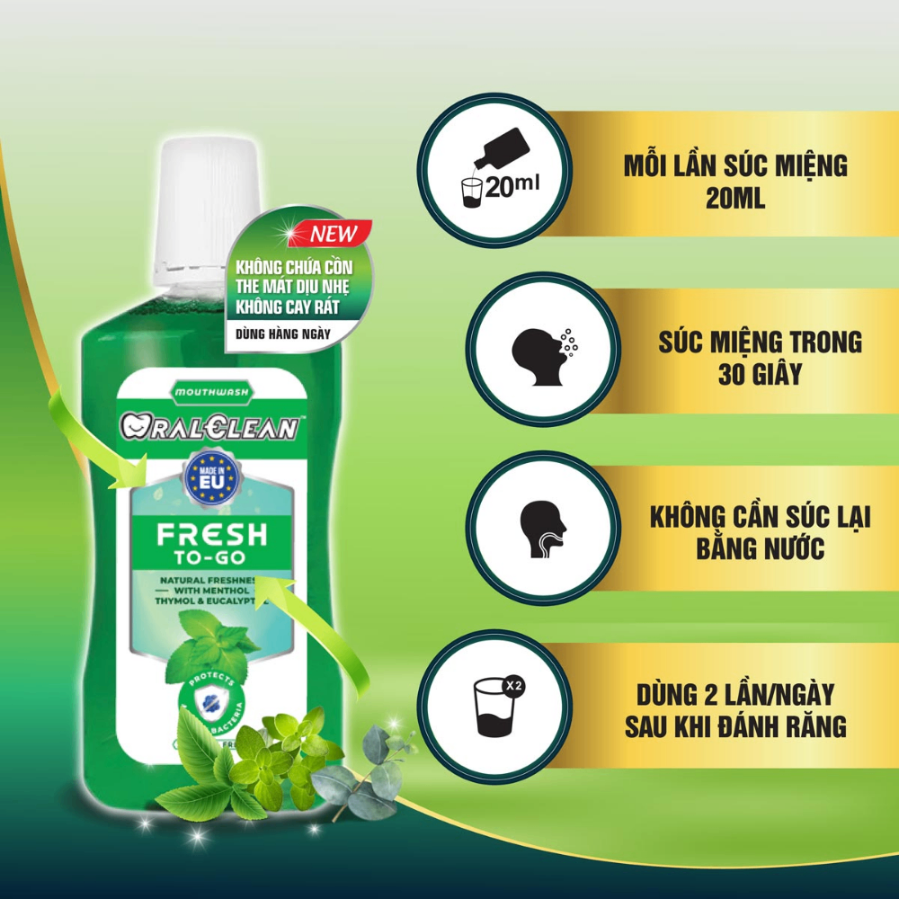 Nước súc miệng Oral Clean Fresh To Go + Clean Characoal Detox 500ml đánh bay các mảng bám trên răng hơi thở thơm mát