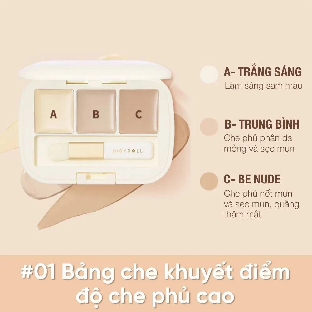 Bảng che khuyết điểm Judydoll Three-Color Concealer Palette 2,7g chất kem mịn và mỏng, dễ dàng tán trên da