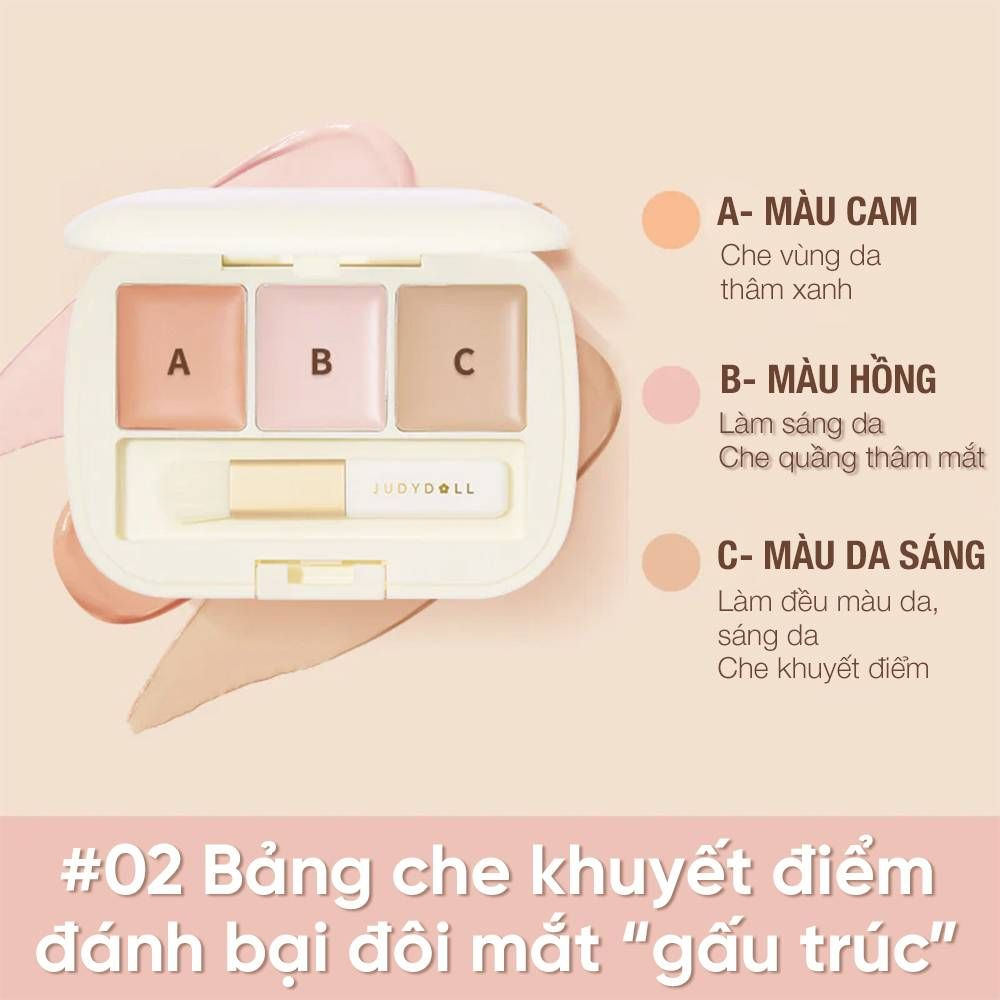Bảng che khuyết điểm Judydoll Three-Color Concealer Palette 2,7g chất kem mịn và mỏng, dễ dàng tán trên da