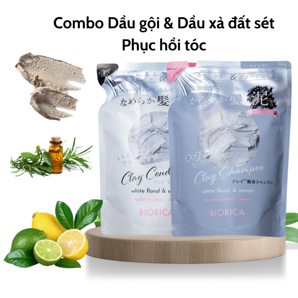Dầu gội xả đất sét Biorica Clay 360ml phục hồi hư tổn giảm thiểu tình trạng khô xơ
