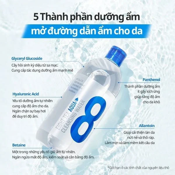 Nước tẩy trang BOM Eight Tea Aqua Cleansing Water dành cho da khô 500ml loại bỏ lớp trang điểm dưỡng ẩm dồi dào