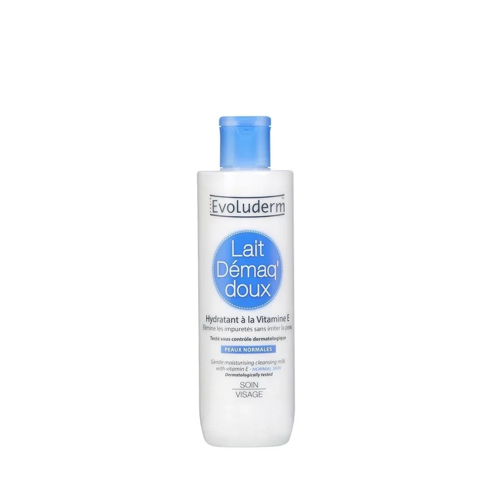 Sữa tẩy trang Evoluderm Lait Démaq' Doux 250ml làm‪ tan và lấy sạch lớp​ trang điểm​ mà không gây khô, căng da