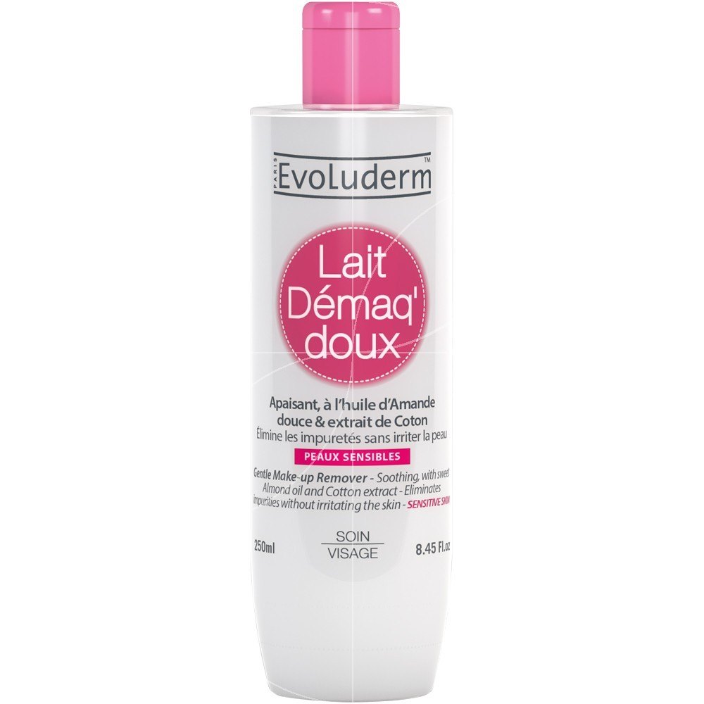 Sữa tẩy trang Evoluderm Lait Démaq' Doux 250ml làm‪ tan và lấy sạch lớp​ trang điểm​ mà không gây khô, căng da
