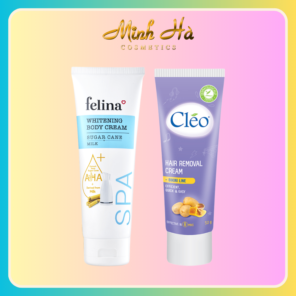 Combo Kem dưỡng trắng da toàn thân Felina từ Sữa 250g + Kem tẩy lông Cleo viền bikini màu tím 50g