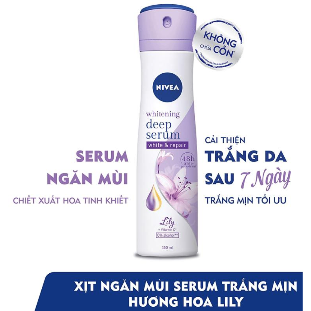 Xịt khử mùi Nivea Brightening Whitening Deep Serum 150ml giúp da khô thoáng hương thơm dịu nhẹ