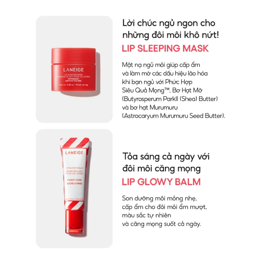 (Tách set) Son dưỡng môi Laneige Lip Glow Balm Candy Cane + Mặt nạ ngủ môi Laneige Peppermint dưỡng môi căng mọng