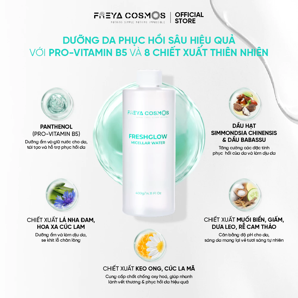 Nước tẩy trang Freya Cosmos Freshglow Micellar Water 400g làm sạch hiệu quả lớp trang điểm, bụi bẩn